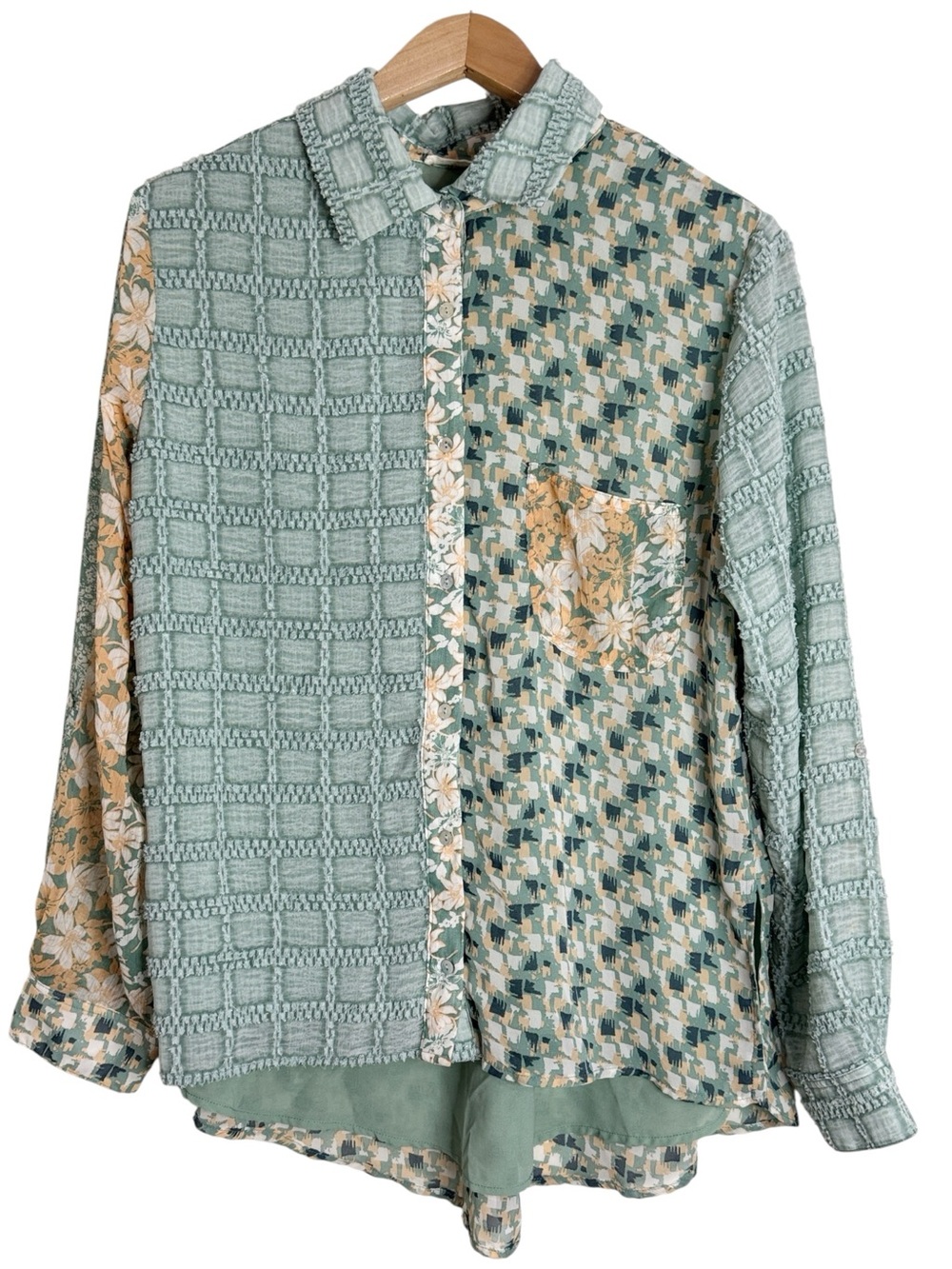 Miss Me Textured Patchwork Eyelash Button-Down Shirt Soft Sage Green Mix Boho M